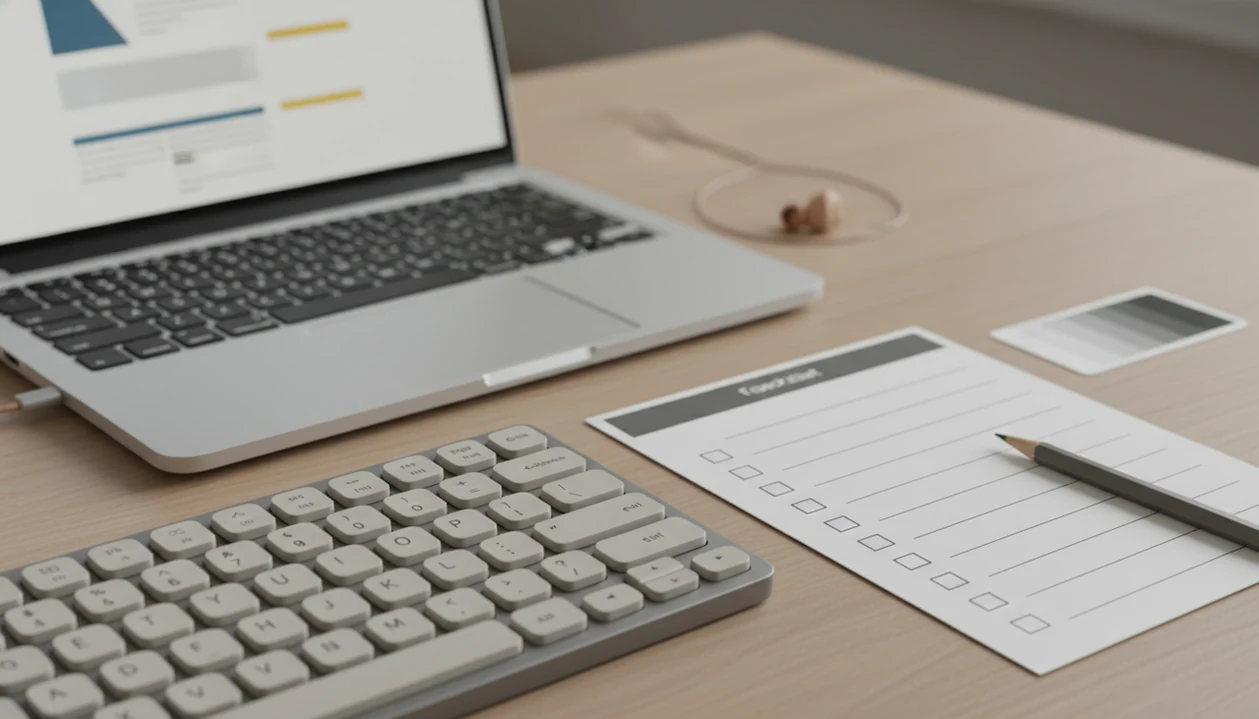 A desk setup with an abstract online form, checklist sheet, keyboard, pencil, and contrast swatches.