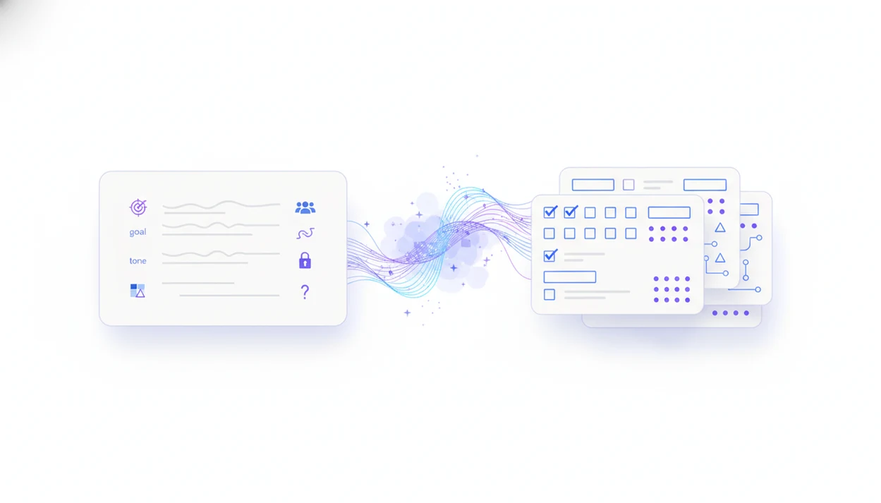An abstract prompt card flows through AI lines into organized form fields and logic blocks.