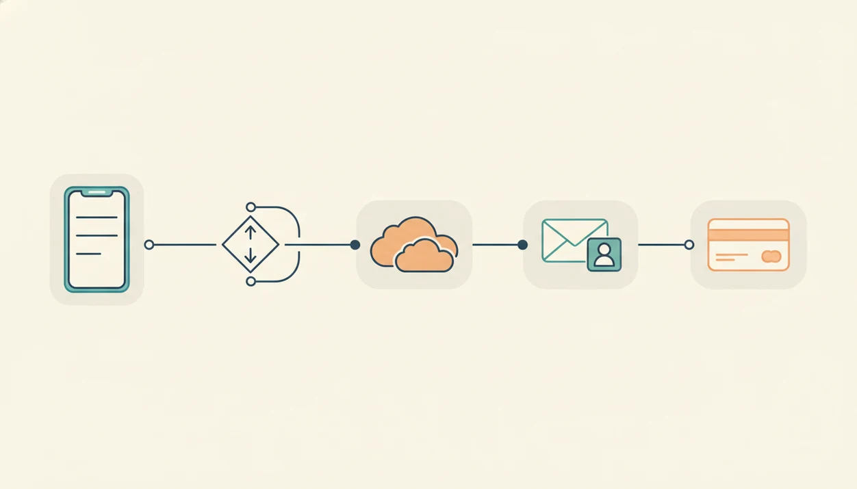 A clean diagram shows form submissions flowing from a phone into automation, records, email, and payments.