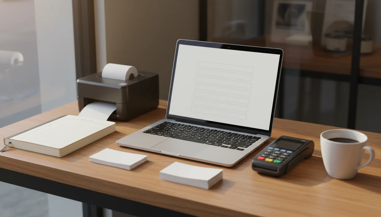 A small business counter with a laptop form, card reader, receipts, and notebook arranged for customer intake.