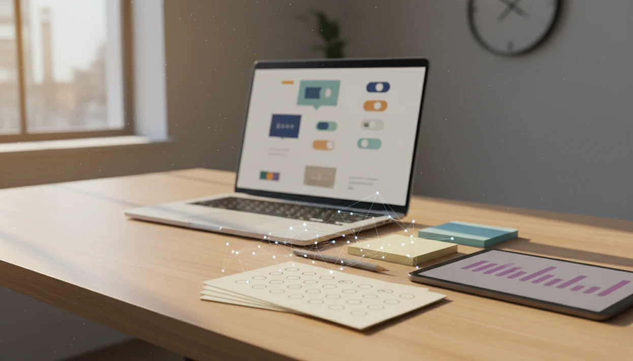 A clean desk shows abstract survey cards, charts, and a laptop for building simple feedback surveys.