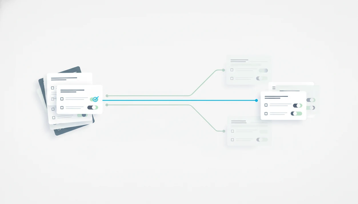 Blank form cards branch into different paths, with irrelevant questions fading away.