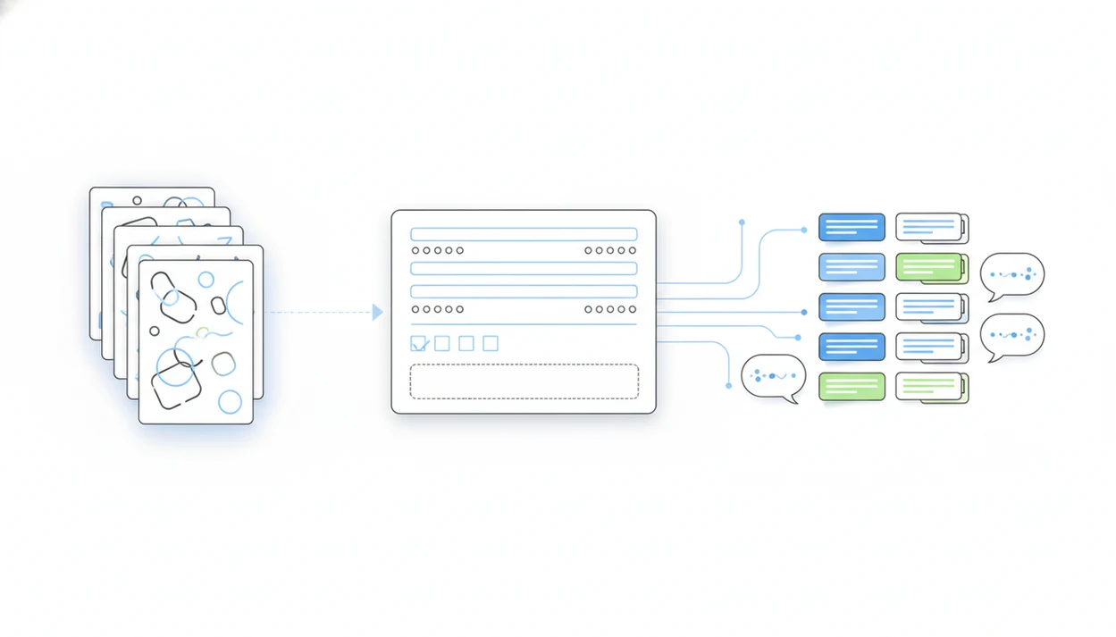 A clean illustration shows AI prompt cards turning into a structured customer feedback form and organized response signals.