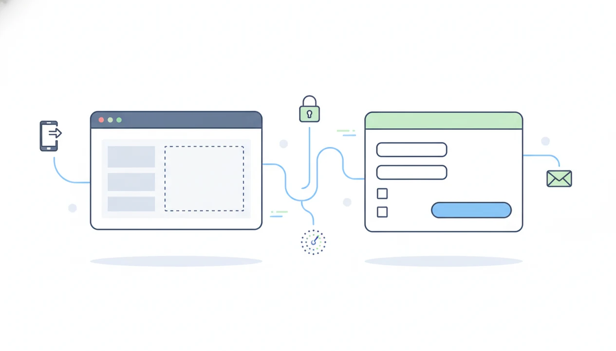 A clean diagram shows a hosted form module being embedded into a website page with testing and privacy cues.
