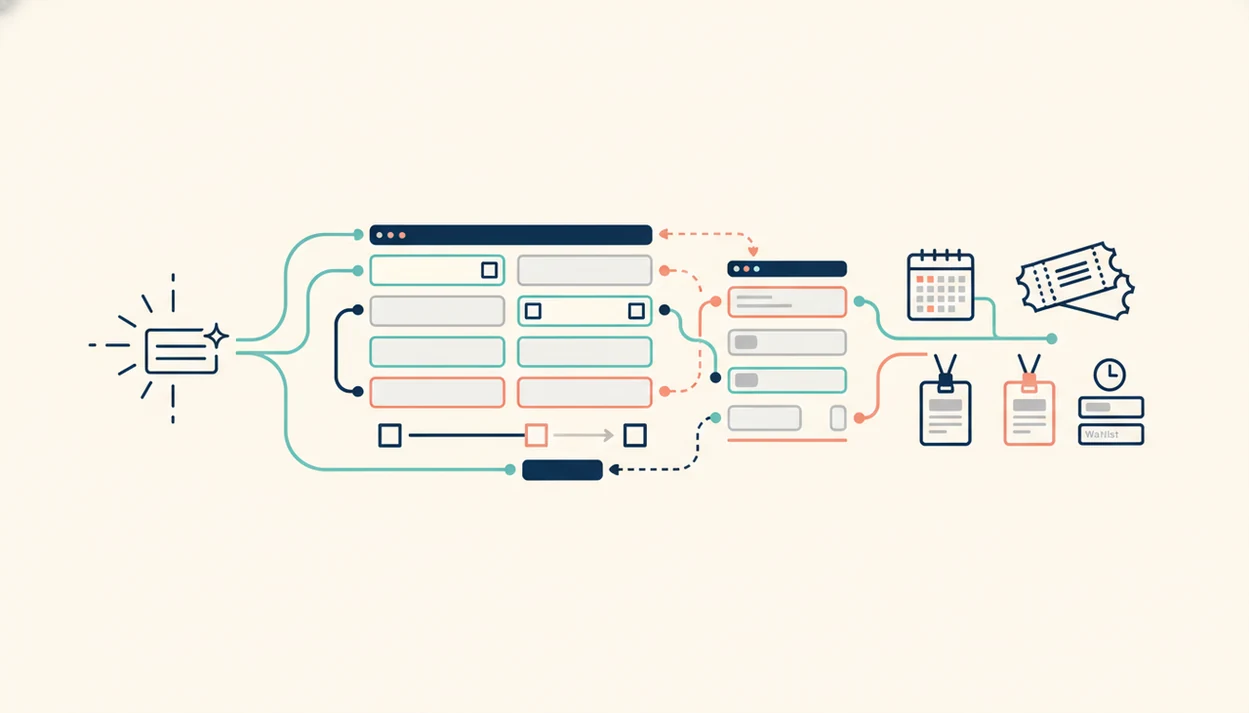 An abstract AI prompt transforms into an event registration form with tickets, badges, and conditional paths.