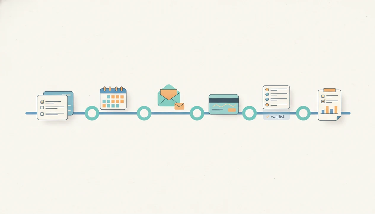 An illustrated planning board shows blank forms, reminders, payments, and attendee lists along an event timeline.