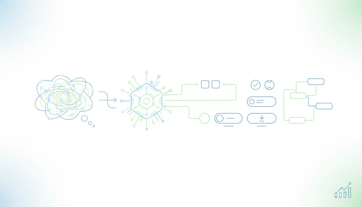 A simple diagram shows a prompt becoming form fields, logic paths, and analytics elements.