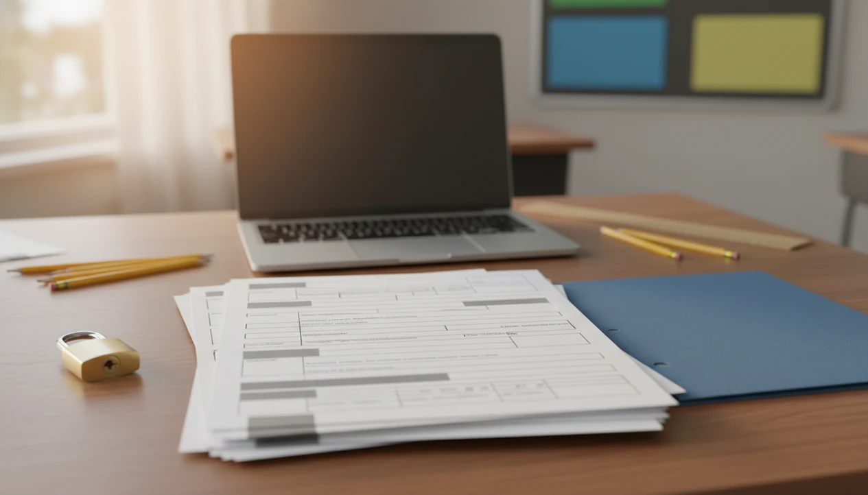 A teacher’s desk shows redacted student forms, a folder, and a padlock in a softly lit classroom.