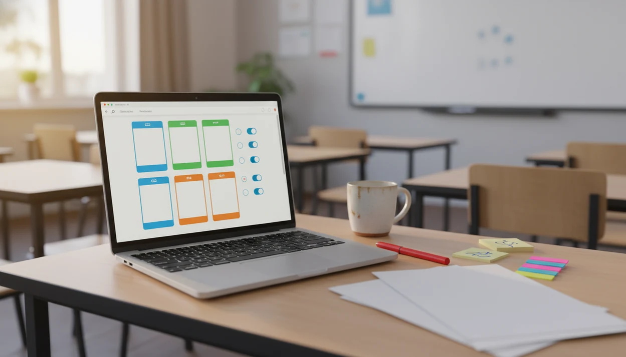A teacher’s desk with a laptop showing a generic quiz builder, papers, pen, and classroom blurred behind it.