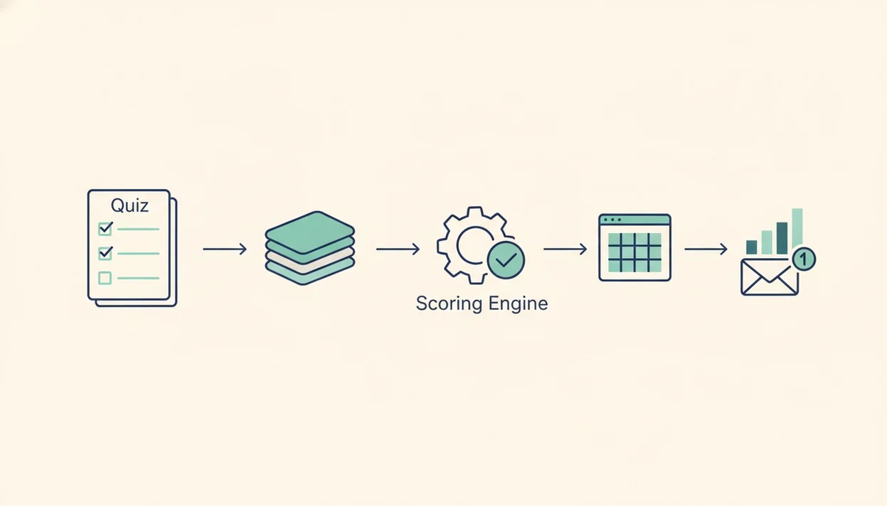 A minimalist diagram shows quiz questions flowing into submissions, scoring, reports, and class records.