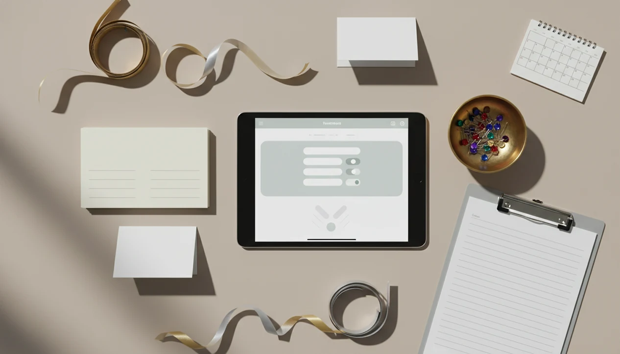 A tablet, blank invitations, and guest list supplies arranged for creating an event RSVP form.