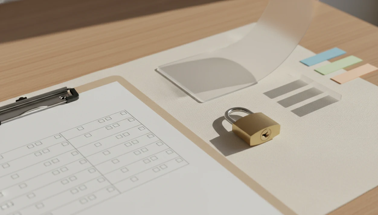 A blank form, checkboxes, and a small padlock arranged on a desk to suggest GDPR-ready data collection.
