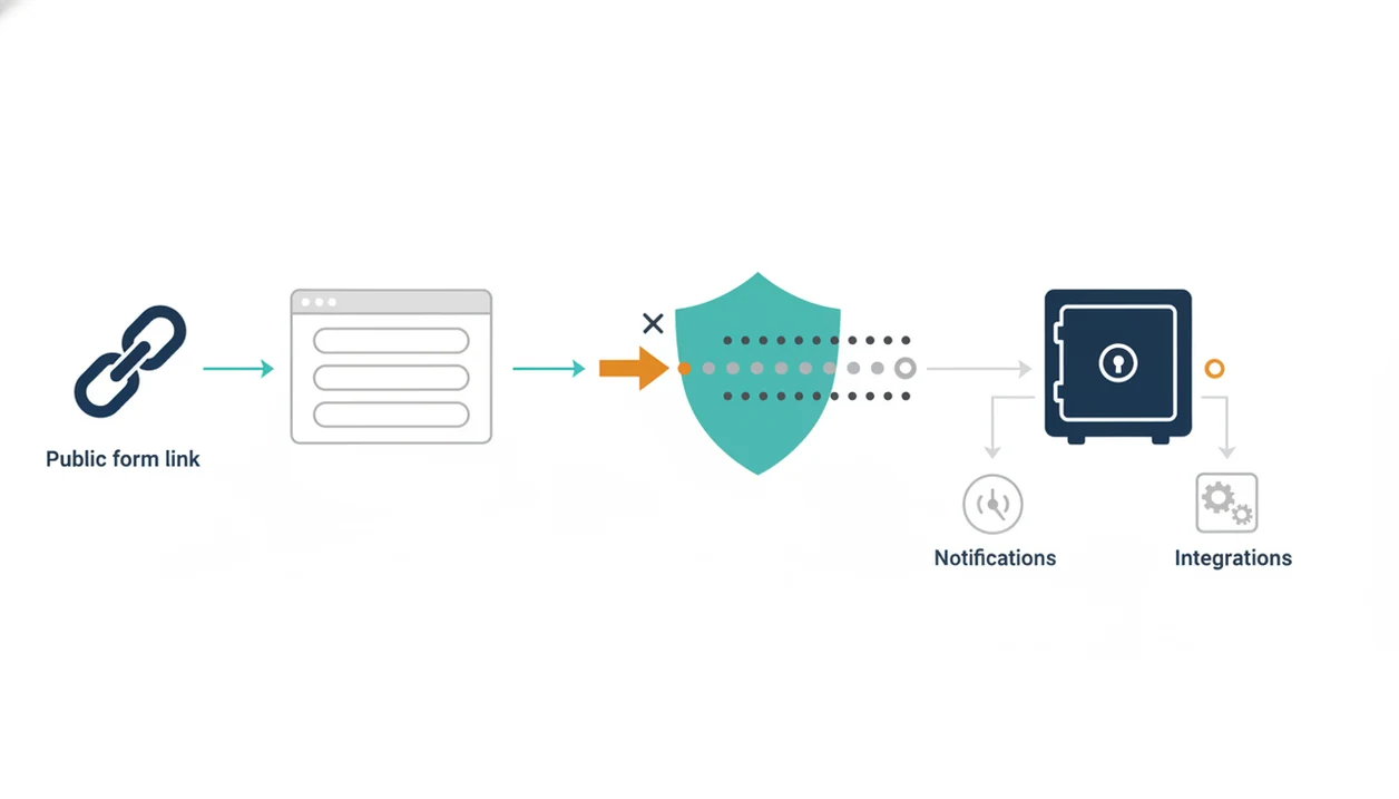 A simple diagram shows a form submission moving through encryption, storage, notifications, and integrations.
