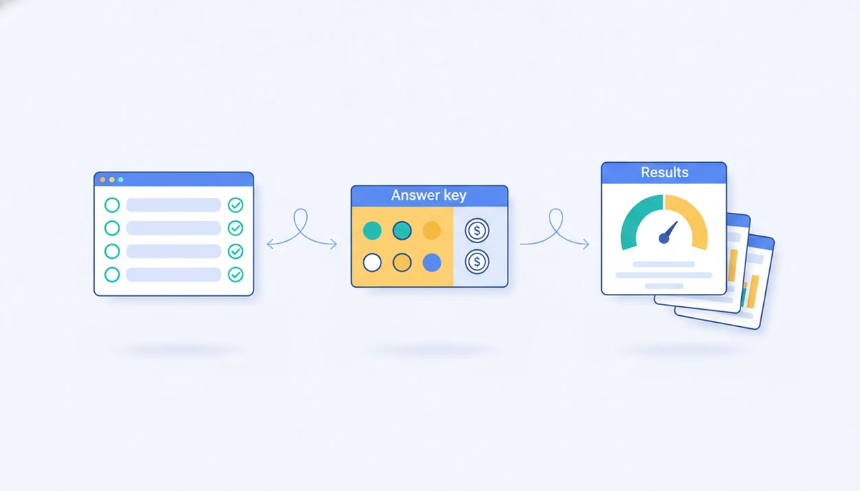 An illustrated workflow shows quiz questions, an answer key, and automatic scoring results connected by arrows.