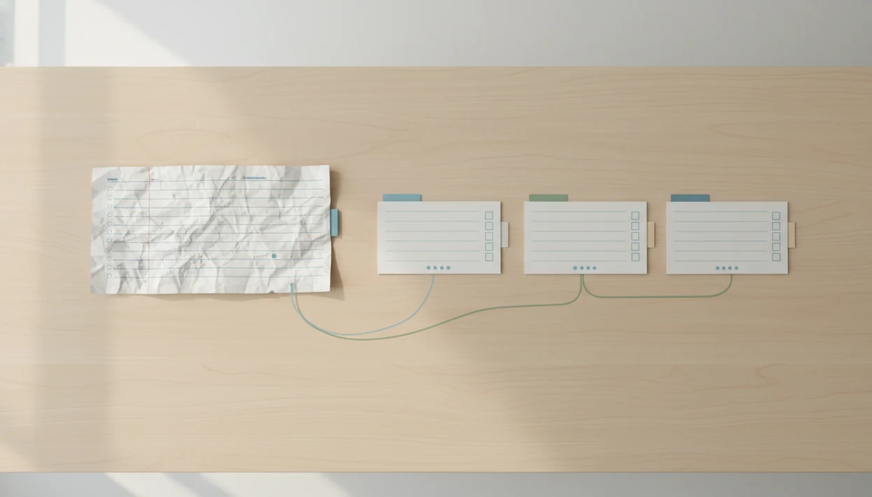 A long blank form is split into three organized step cards on a clean desk.