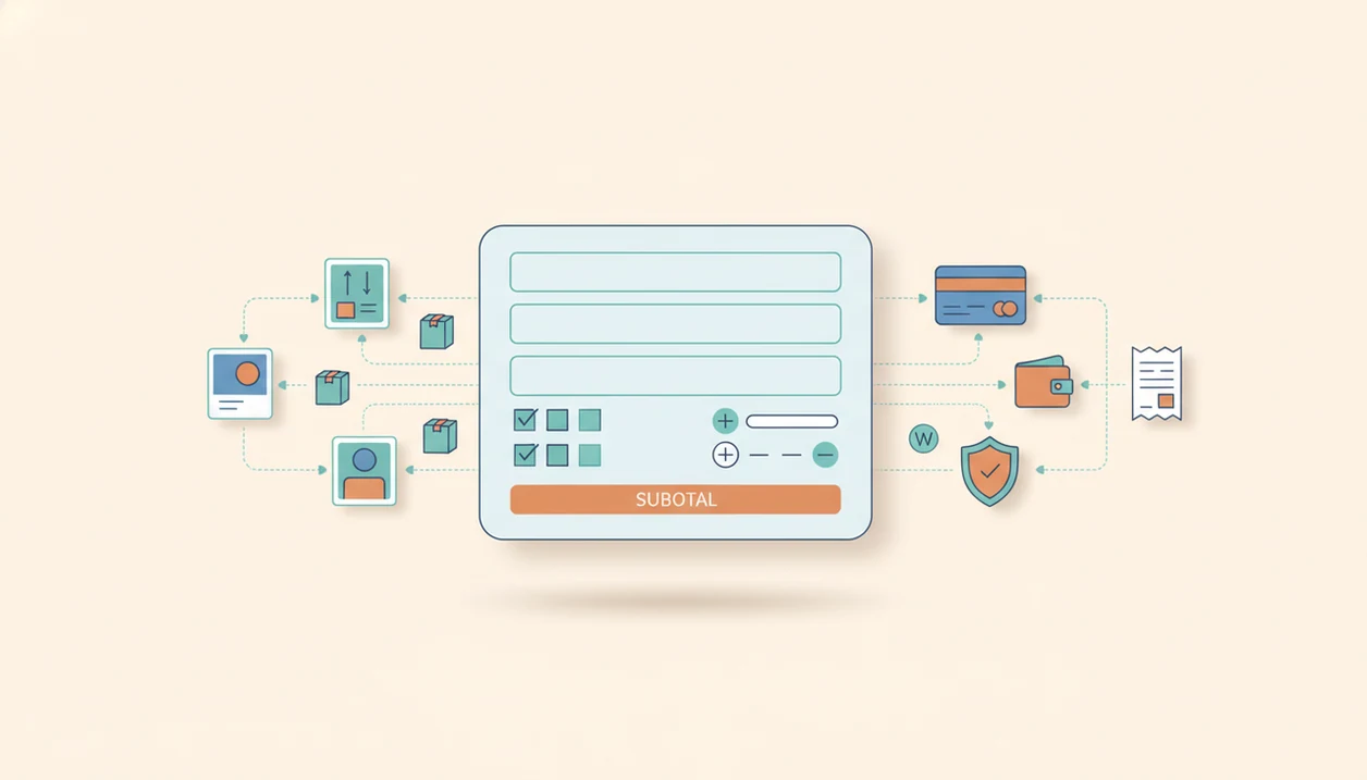 A clean illustration shows an order form flow from product choices to secure payment and receipt.