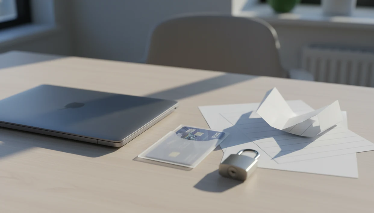 A credit card protected in a frosted sleeve beside a laptop and lock on a clean desk.