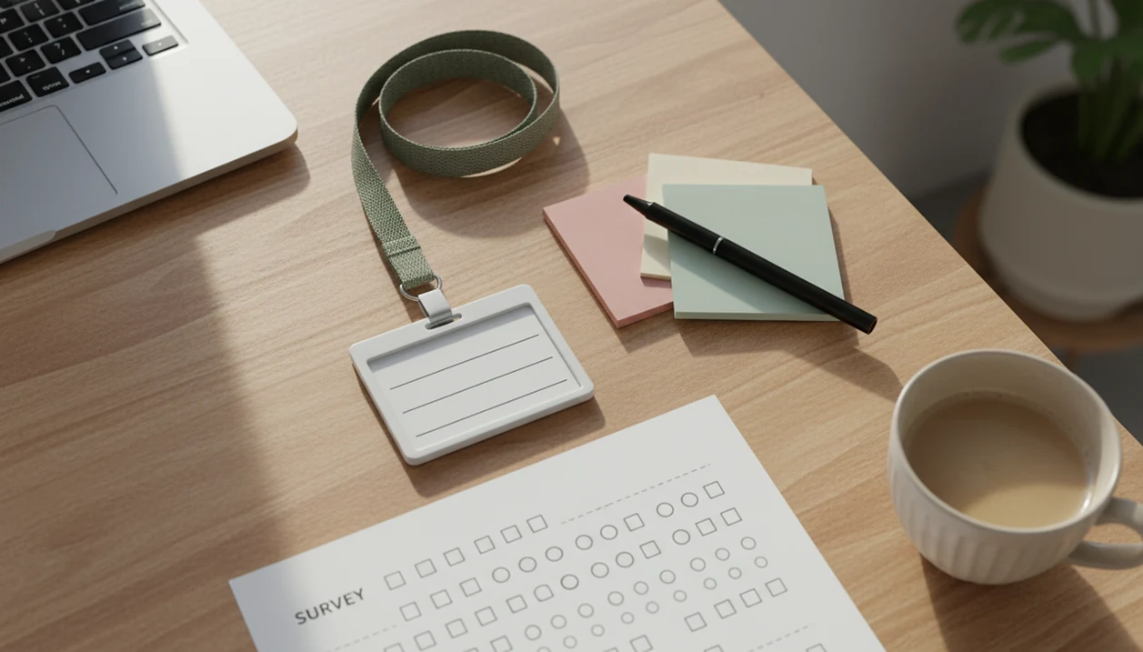 A post-event desk setup with a blank survey sheet, attendee badge, notes, pen, laptop, and coffee.
