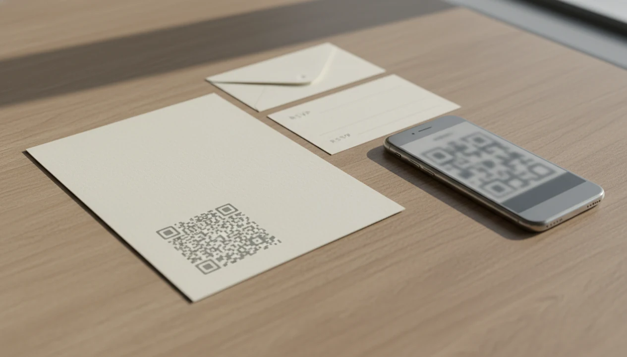 A phone rests beside event stationery with a QR code ready to scan for an RSVP form.