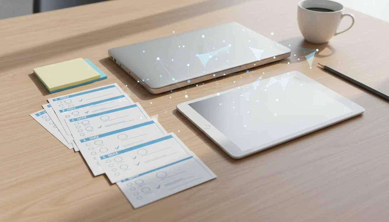 A teacher workspace with quiz cards, a tablet, and subtle AI-like connection lines on a desk.