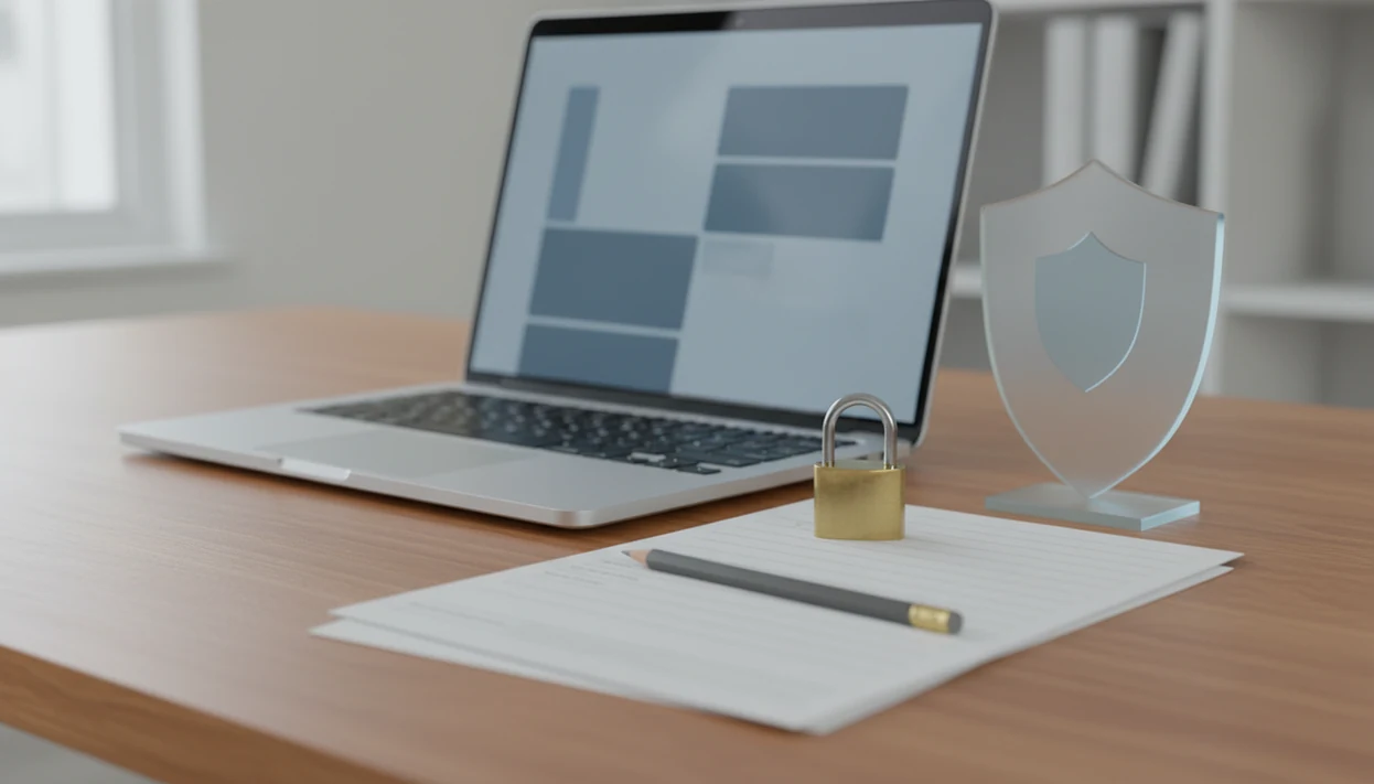 A laptop, blank forms, padlock, and glass shield arranged on a calm desk to suggest safer data collection.