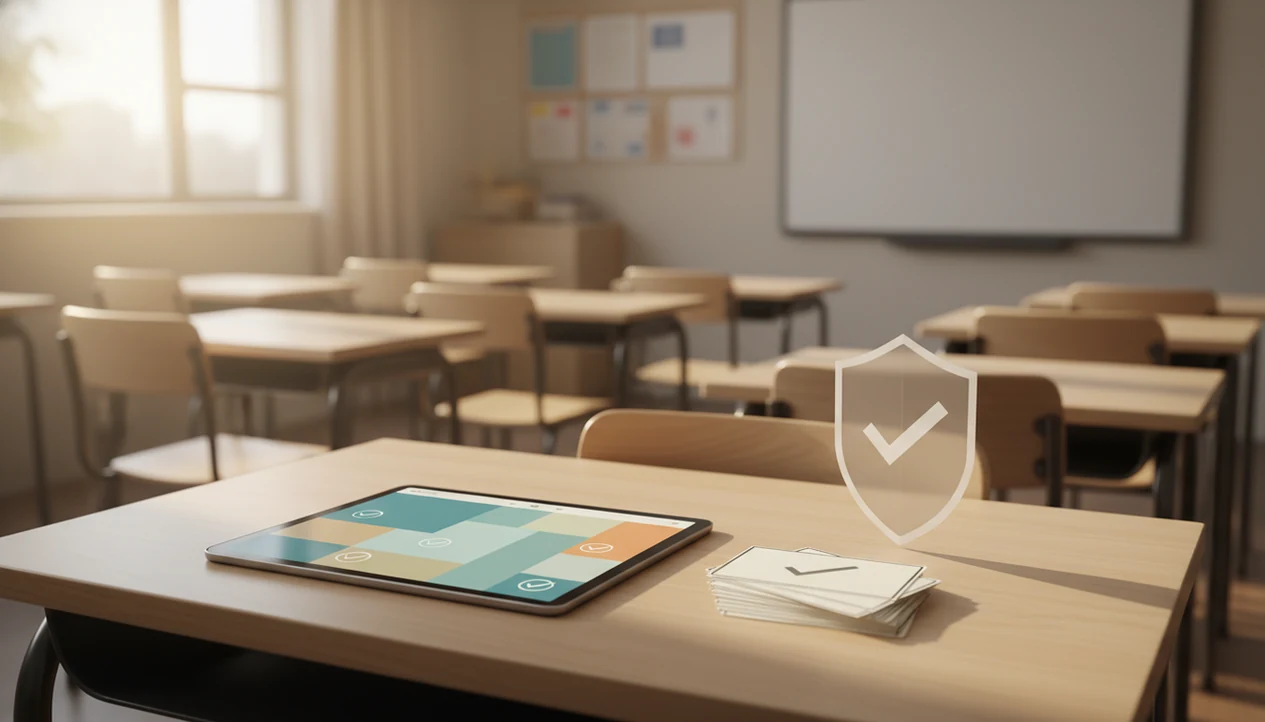 A classroom desk shows a tablet, blank survey cards, and a privacy shield symbol in soft morning light.