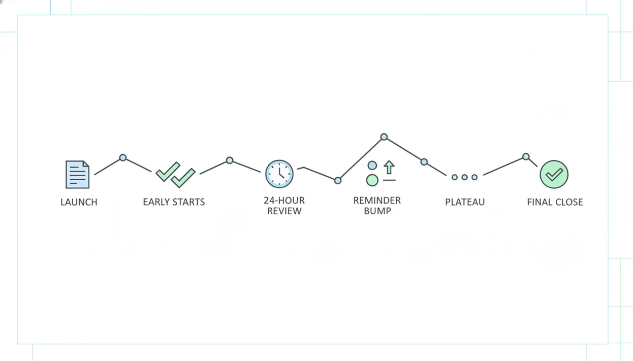 A clean timeline illustration shows survey checkpoints and a completion curve flattening after reminders.
