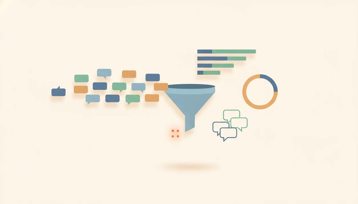 An abstract survey analytics flow shows responses moving through a funnel into charts and comment clusters.