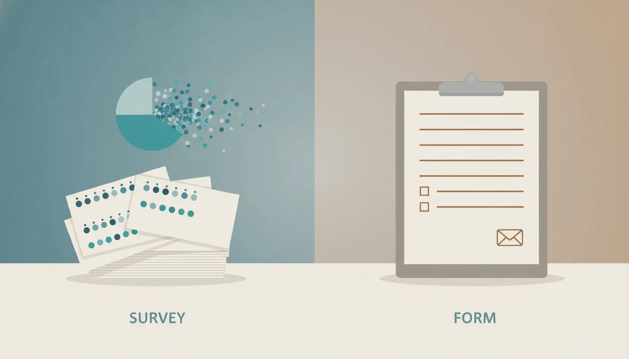 An abstract split illustration contrasts survey insights with structured form records on a desk.
