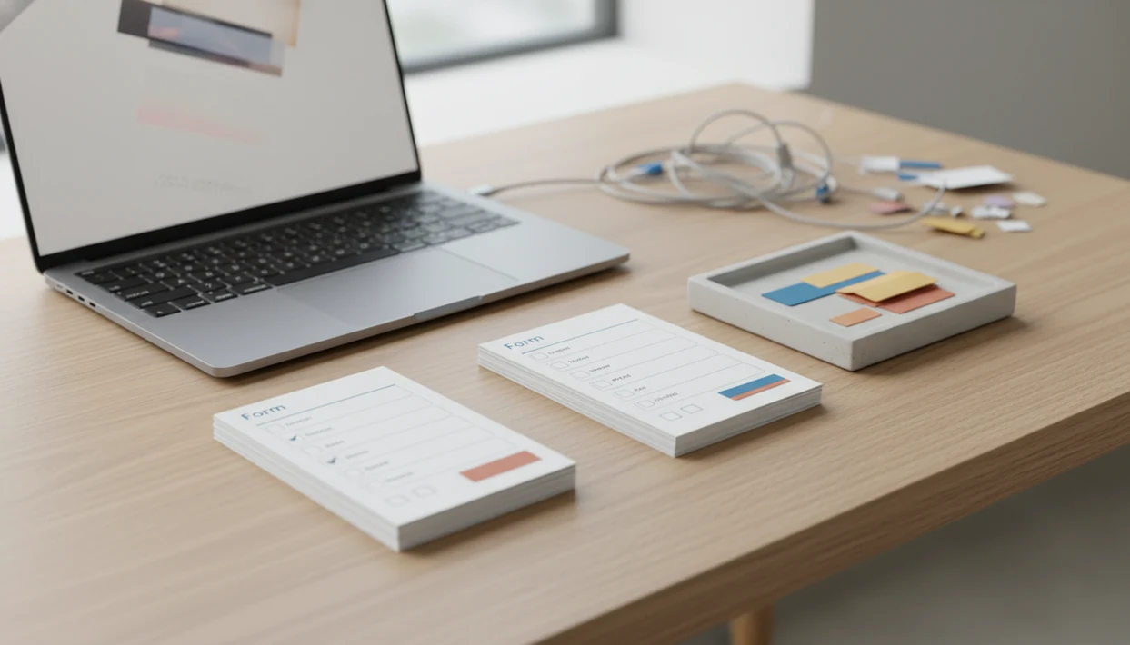 A clean desk shows simple form cards beside blurred tools and pushed-aside clutter.