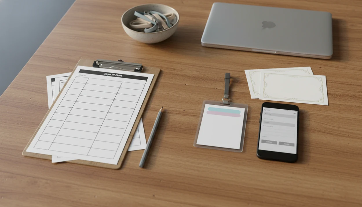 A tabletop compares simple signup sheets with polished event registration materials and a blank phone form.
