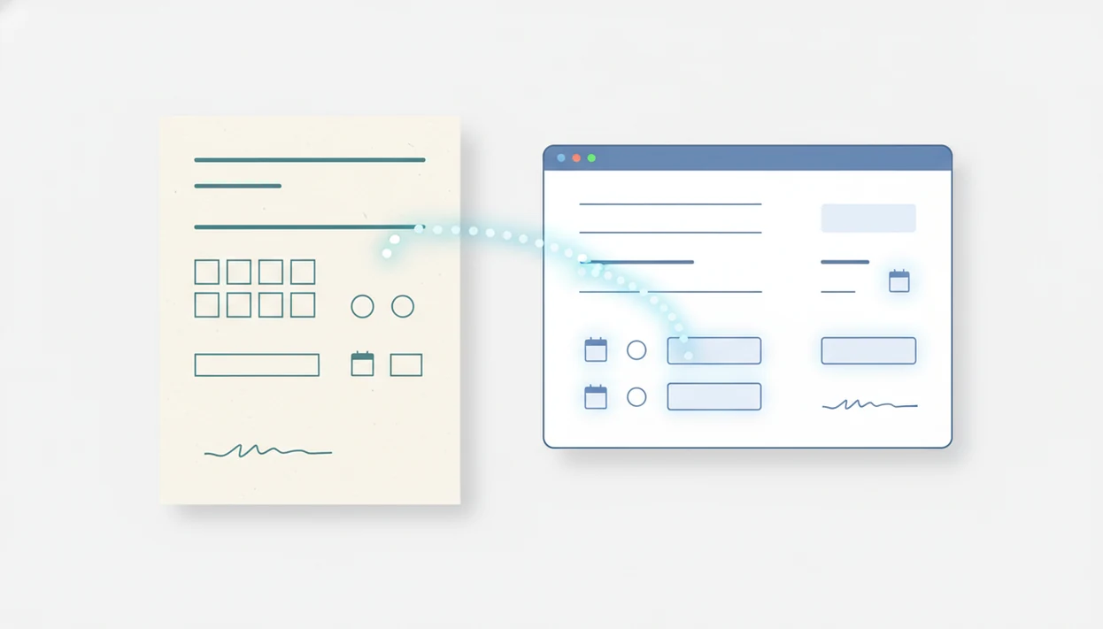 Illustration of a paper form being converted into detected digital fields by an AI form app.