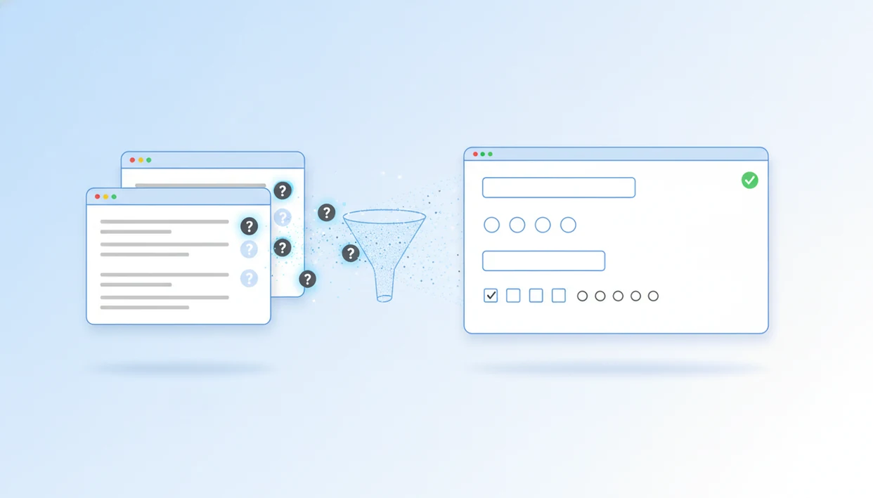 A clean illustration shows webpage question blocks being converted into structured form fields.
